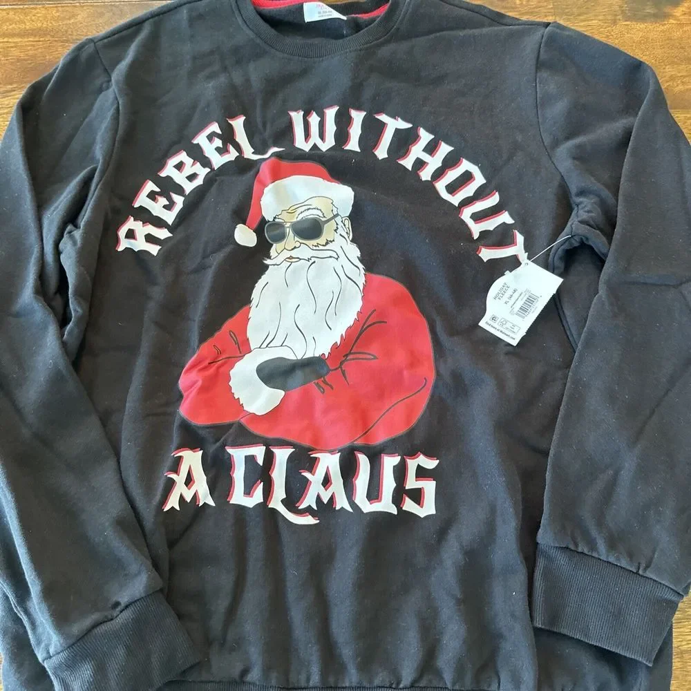 Rebel Without A CLAUSE Long Sleeve Black Christmas Sweatshirt Size L - Picture 2 of 5